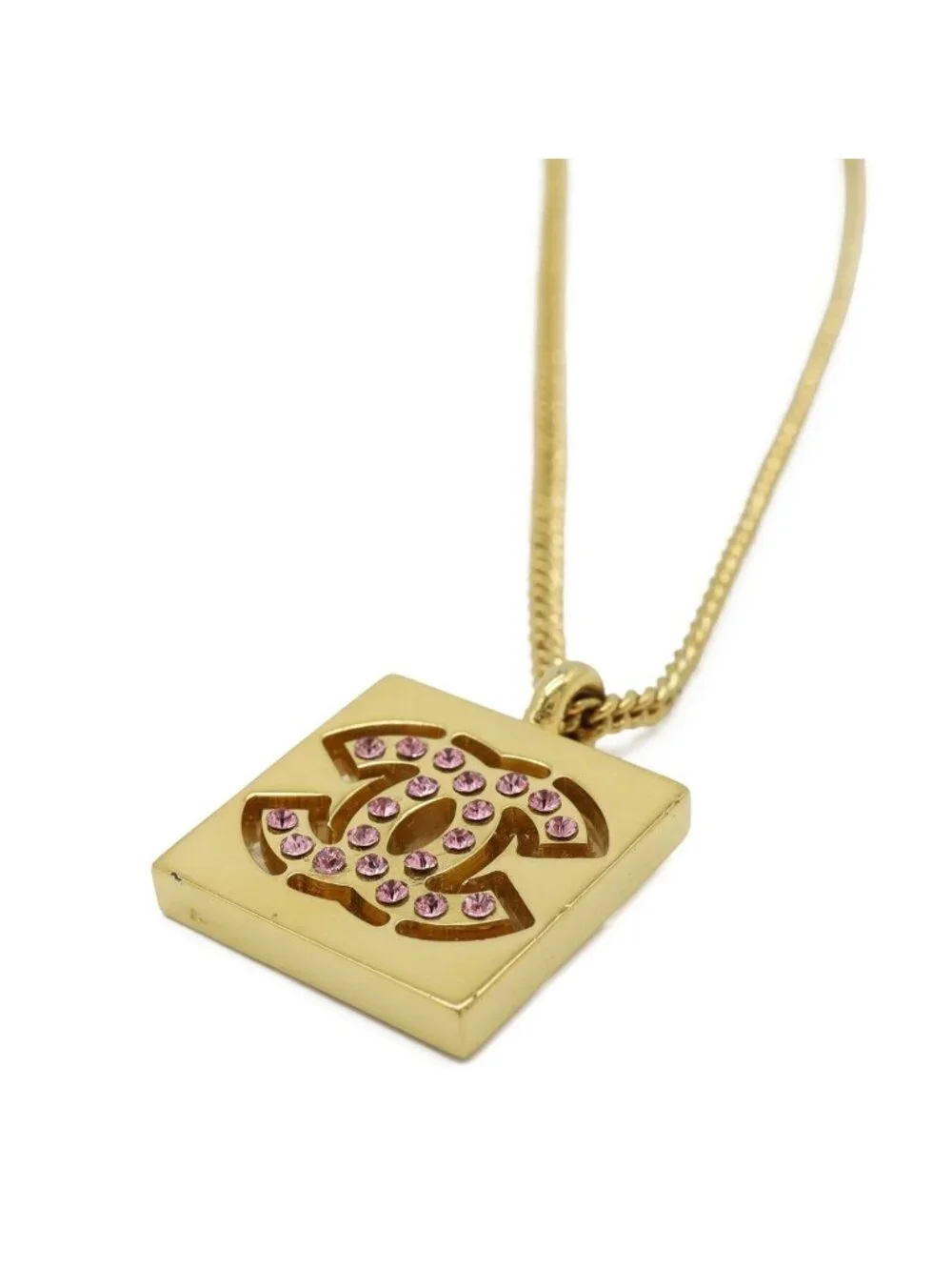 Chanel 01P Square CC Logo Pendant Rhinestone Gold Plated Pink Necklace